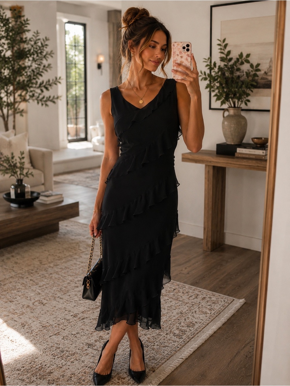 S.L. Fashions Black Ruffle Tiered Midi Dress